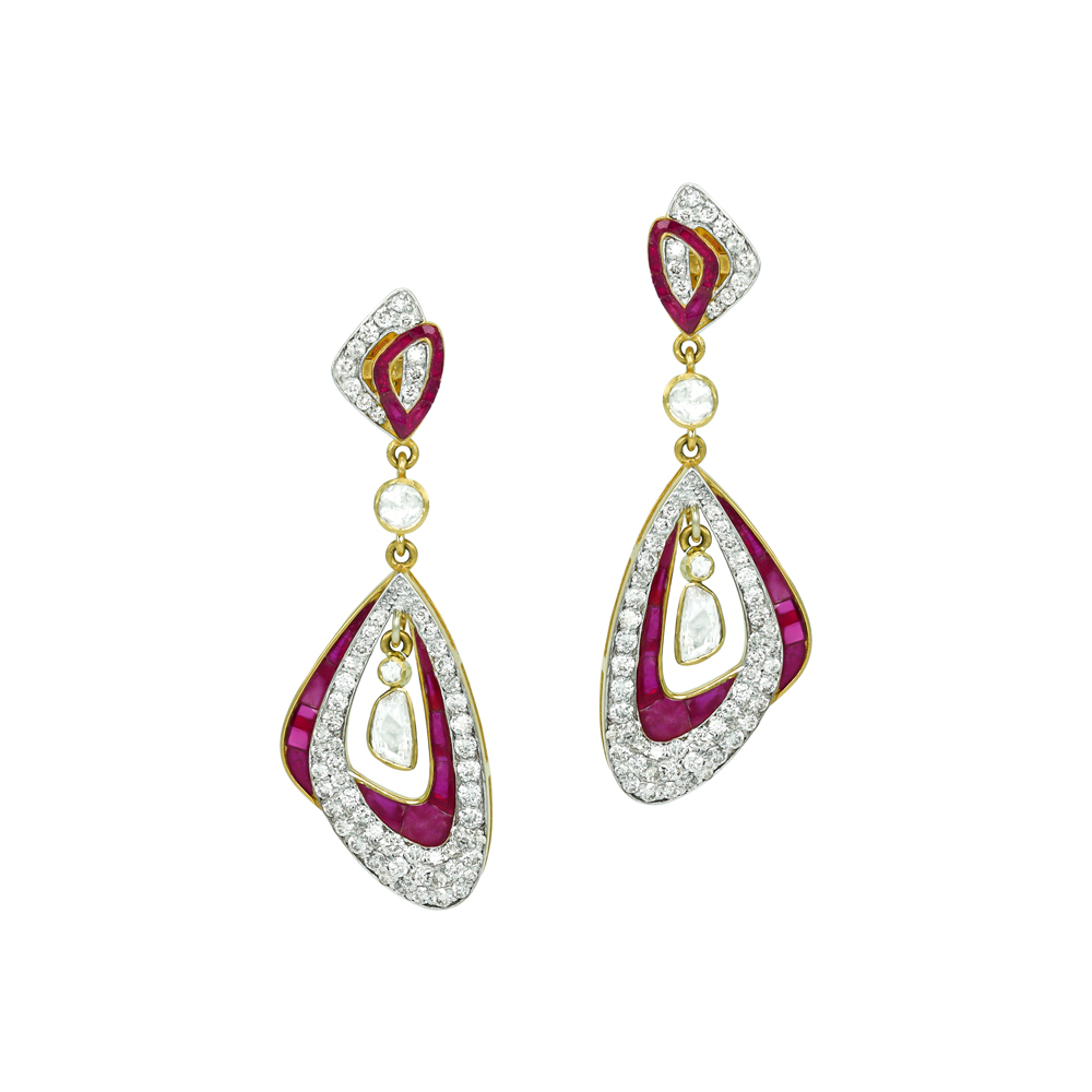 Ruby Colourstone Inlay Drop Earrings with Polki Center and Diamond Accents